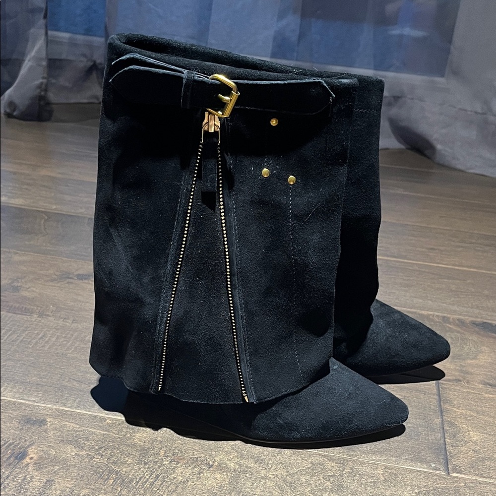 Jerome Dreyfuss Chic Black Suede Foldover Boots with Zipper Detail